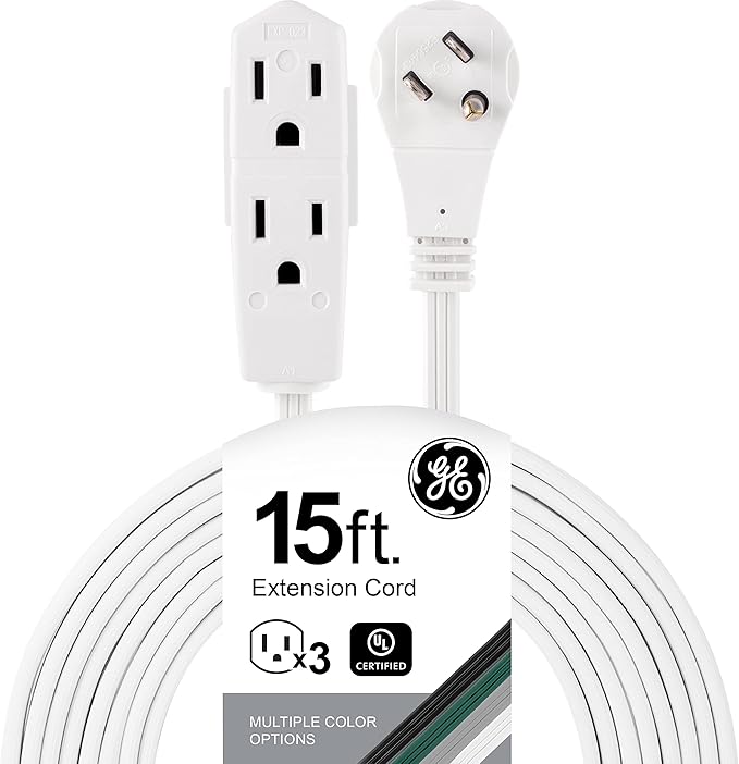 GE 3-Outlet Flat Extension Cord 15 Ft Grounded Extension Cord with Multiple Outlets 3 Prong Outlet Extender Flat Plug Power Strip Indoor 16 Gauge UL Listed White 56986