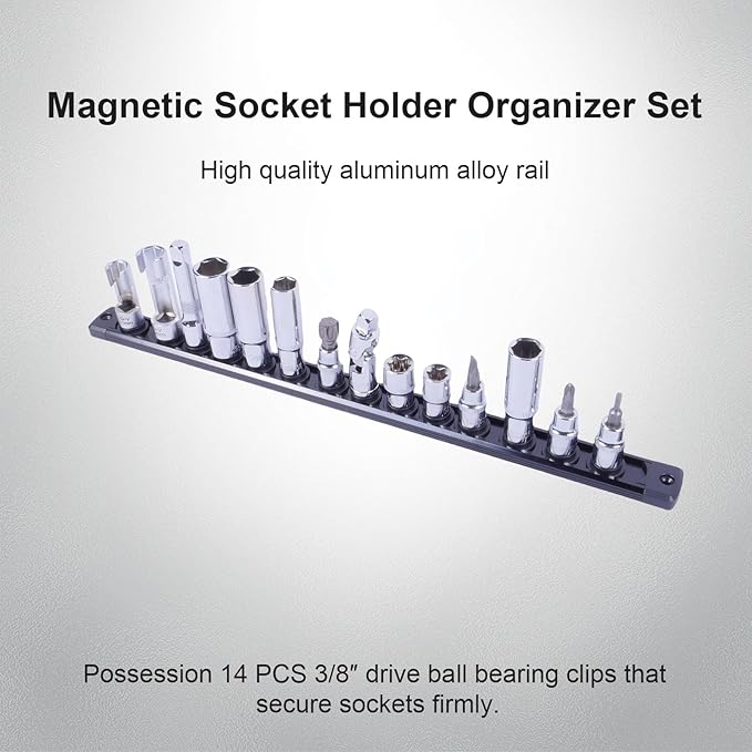 Magnetic Socket Holder Organizer Set:3/8-Inch Drive Socket Trays Socket, 360° Swivel 14 Clips Socket Holder Kit, For Automotive Mechanic Garage (Black)