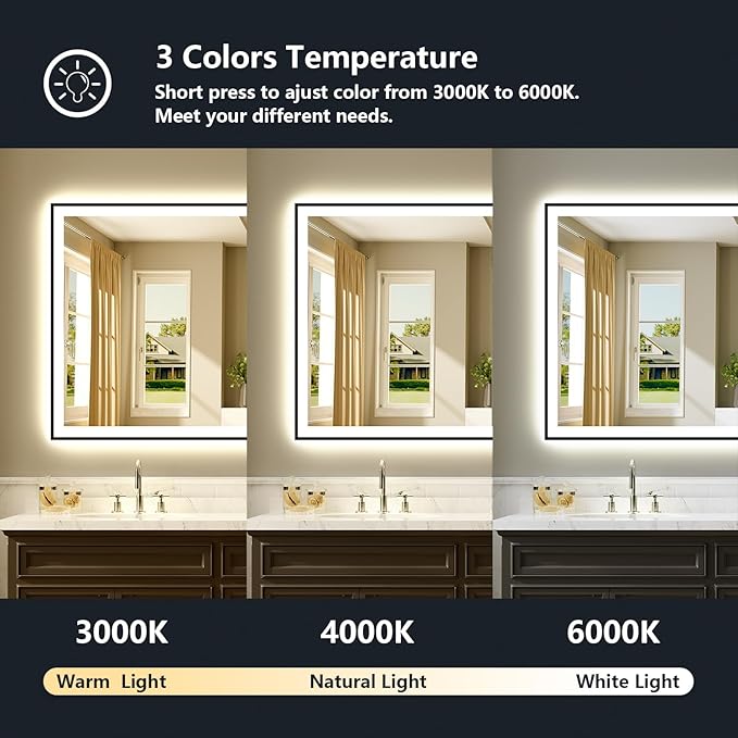 72x36 Inch LED Bathroom Mirror with Lights (Front Lit and Backlit) Black Framed Lighted Vanity Mirror for Bathroom Wall Dimmable Anti-Fog Memory Tempered Glass Horizontal/Vertical