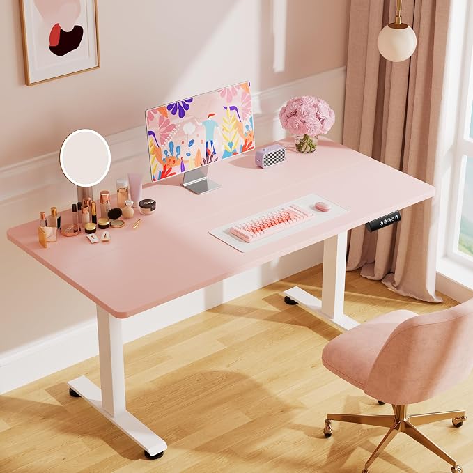 Veken Standing Desk, Pink, 55×23.6 Inch | Height Adjustable Sit Stand Up Computer Tables for Home Office, Study , Writing, Suit students, employees and group work