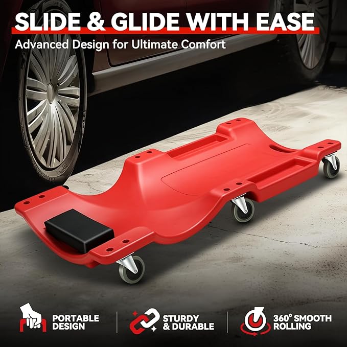 Auto Dynasty 40 Inches Mechanic Creeper, Automotive Garage Repair Low Profile Under Car Rolling Creeper with Padded Headrest, Plastic, Red