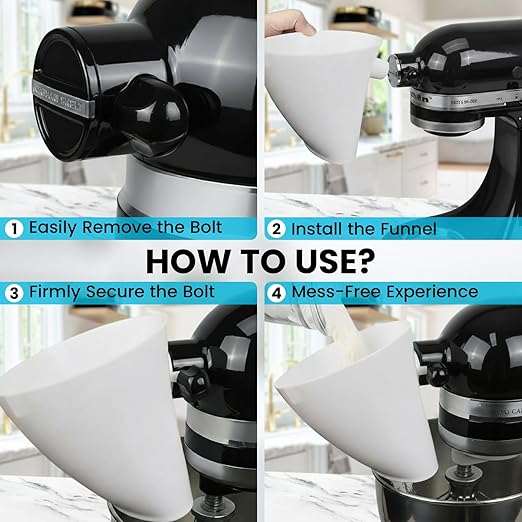 Flour Funnel for KitchenAid Mixer with 5-Piece Measuring Spoon Set, Wide Mouth Pouring Chute Attachment, Mess-Free Anti-Spill & Anti-Splash,Fits Tilt-Head 4.5-5 Qt (KSM150),Dishwasher Safe Baking Tool