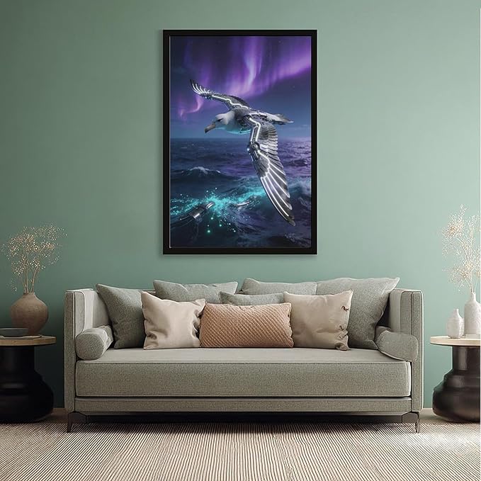 Framed Steampunk Mechanical Seagull Wall Art - Aurora Ocean Retro Poster for Bedroom Game Room Decor 20x30in