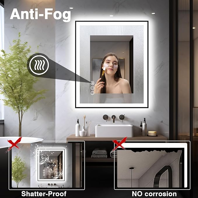 32x36 LED Bathroom Mirror - Black Border (Front and Backlit), Anti-Fog Vanity Mirror with Lights,Stepless Dimmable Illuminated Mirror,3 Colors Smart Mirror(Horizontal/Vertical)