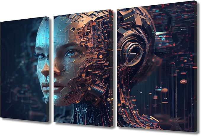 TUMOVO Humanoid Robot Pictures Print on Canvas 3 Panel Canvas Wall Art Artificial Intelligence Wall Decor for Living Room Giclee Futuristic Technology Artwork Wood Framed Ready to Hang, 36" Wx24 H