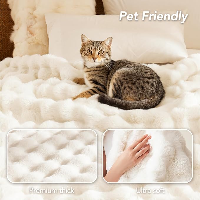 L'AGRATY Faux Rabbit Fur Throw Blanket for Couch, 60'' x 80'', Cream White | Soft Cozy Bubble Fluffy Blanket for Sofa Bed, Thick Warm Plush Fuzzy Throw for Room Home Decor, Luxury Gift for Women Mom