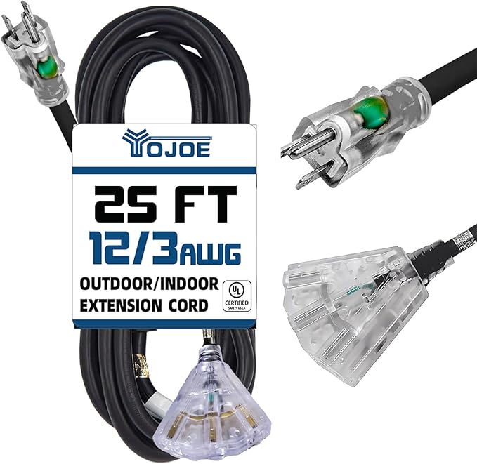 YOJOE 3-Outlets Indoor Outdoor Extension Cord with Lighted End, 3 Prong 15A Weatherproof Power Cord, 12 Gauge Heavy Duty 25 ft Black Extension Cord Multiple Outlets, 12/3 SJTW UL Listed