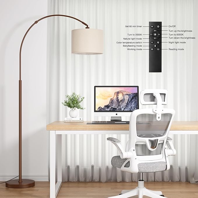 Ambimall Dimmable Arc Floor Lamp with Remote, Color Temperatures and Brightness Adjustable, Arched Floor Lamp with Rotating Head, Over Couch Arched Reading Light for Living Room (Deep Beige and Brown)