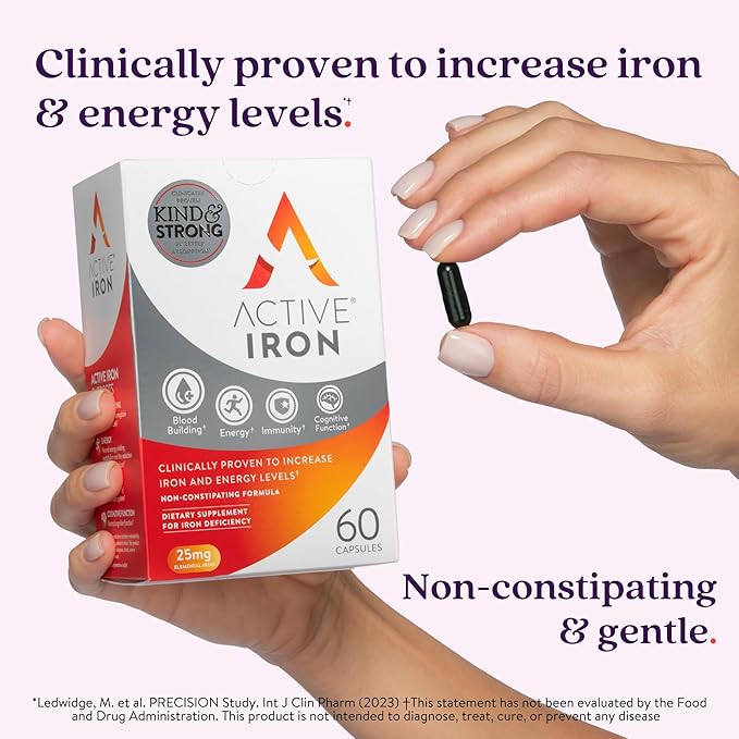 Active Iron High Potency Iron Supplement, Non-Constipating Gentle Iron Pills for Women & Men, 2X Better Absorption, Clinically Proven to Increase Iron & Energy Levels, 25mg (60 Capsules)