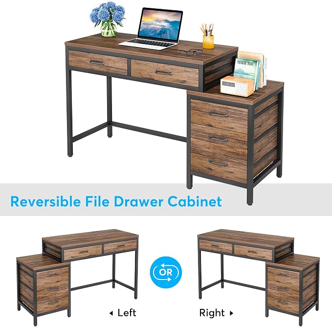 Tribesigns Computer Desk with 5 Drawers, Reversible Home Office Desks | Small Desk with Drawer Cabinet Printer Stand, PC Desk with Storage, Rustic Study Writing Table Workstation for Small Spaces