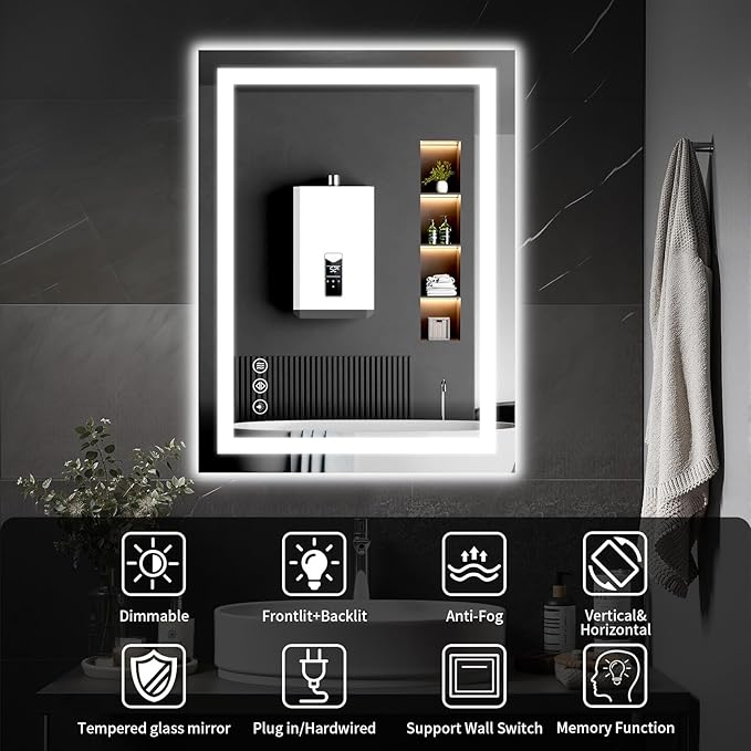 LED Bathroom Mirrors 24"x30" Bathroom Mirror with Lights for Wall, Backlit + Front Lit, 3 Colors, Anti-Fog, Dimmable Brightness for Vanity,Bathroom, Entryway, Living Room