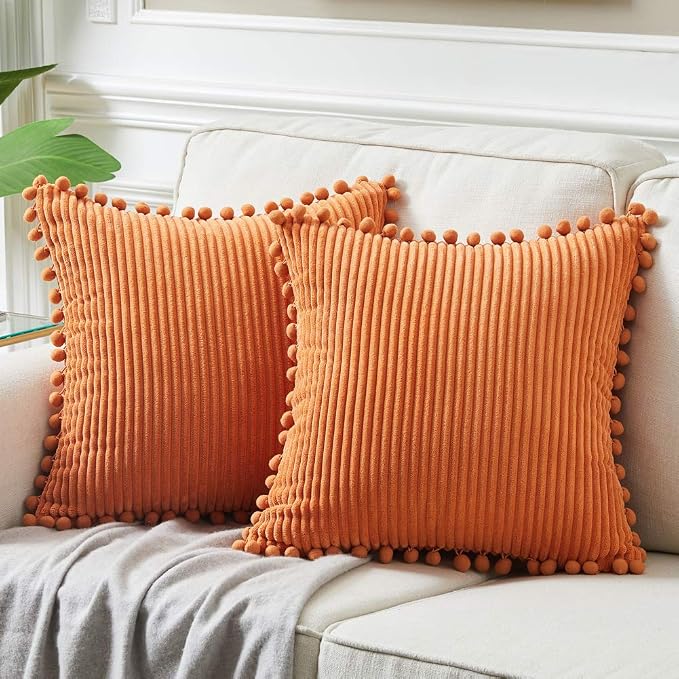 Fancy Homi Pack of 2 Burnt Orange Decorative Throw Pillow Covers with Pom-poms 26x26 Inch, Soft Corduroy Solid Square Cushion Case for Couch Sofa Bedroom Car Living Room, Fall Decor