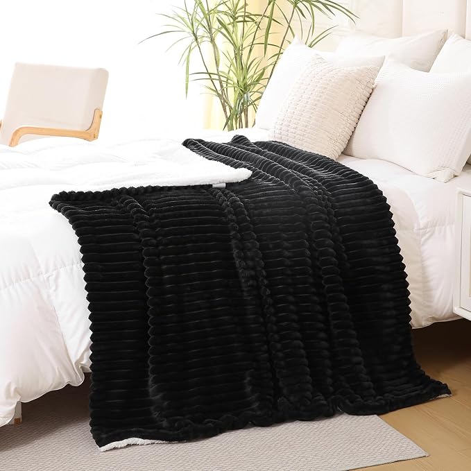 Black Sherpa Fleece Throw Blanket 60”×80” for Couch Sofa Bed | Double Side Soft Fuzzy Cozy Plush Thick Flannel Blanket with Striped Design Gift for Adults,Woman