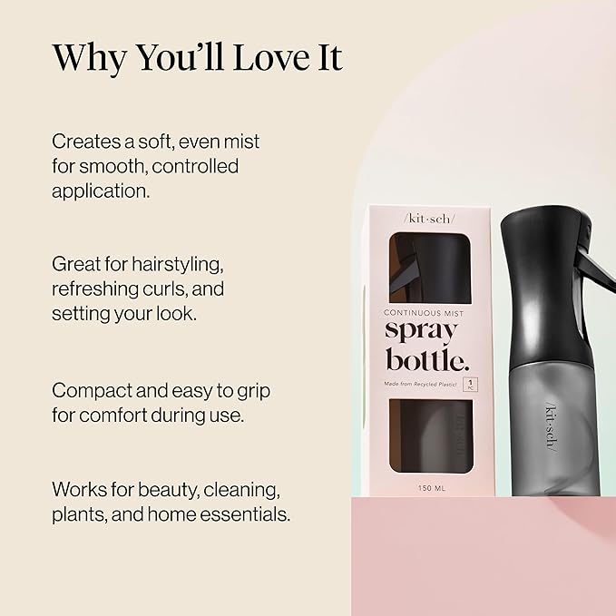 Kitsch Continuous Spray Bottle for Hair – Black, 150ml | Fine Mister Spray Bottle & Water Spray Bottle – Recycled Hair Spray Bottle – Spray Bottles for Cleaning, Styling, & More