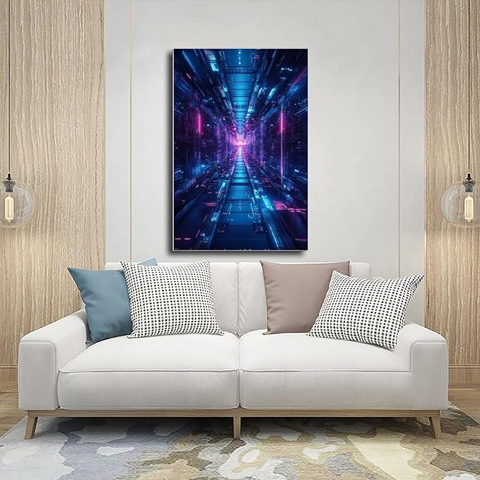 High-Tech Digital Abstract Wall Art – Glowing Geometric Canvas Print – Minimalist Futuristic Aesthetic Home Decor Modern Wall Prints Abstract Geometric Minimalist Art Framed Canvas Prints For Office B