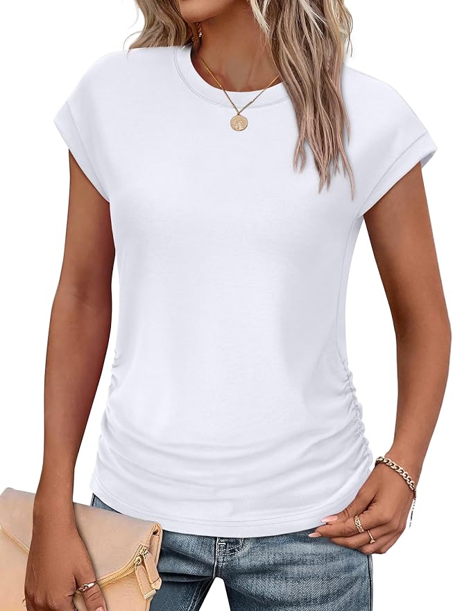 Sampeel Womens Summer Tops Trendy 2026 Ruched Cap Short Sleeve Tshirts Shirts Crew Neck T Shirts Fashion