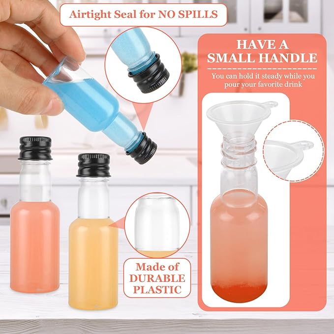 WOPPLXY 100 Pcs Mini Liquor Bottles Set, 1Oz Mini Empty Plastic Alcohol Shot Bottles with Caps, Small Alcohol Bottle with 10 Funnels, 100 Pcs Kraft Tags and Rope, Perfect for Halloween Party Wedding