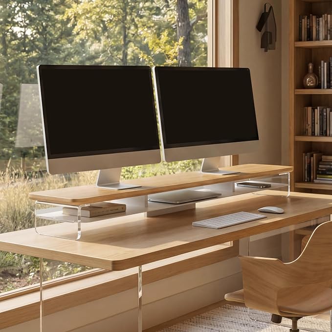Fenge 42.5" Dual Monitor Stand with Clear Acrylic Legs, Dark Oak | Clear acrylic, storage compartment, 2-tier home office monitor riser, wide large desktop shelf fit monitor/laptop/printer