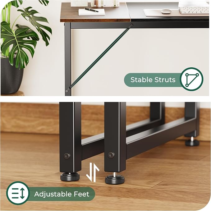 Huuger Computer Desk, 63 Inch Office Desk, Gaming Desk with Storage, Writing Desk Work Desk for Home Office, Study, Modern Simple Desk, Large Legroom, Metal Frame, Rustic Brown and Black