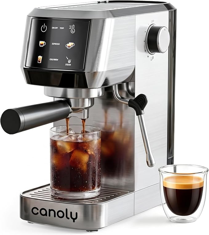 Canoly 2-in-1 Espresso Machine, Cold Brew Maker, 20 Bar Pump, Touchscreen | Steam Milk Frother for Cappuccino and Latte, Compact Home Espresso Maker, 9 Bar Extraction, Fast Heating, Easy Cleaning