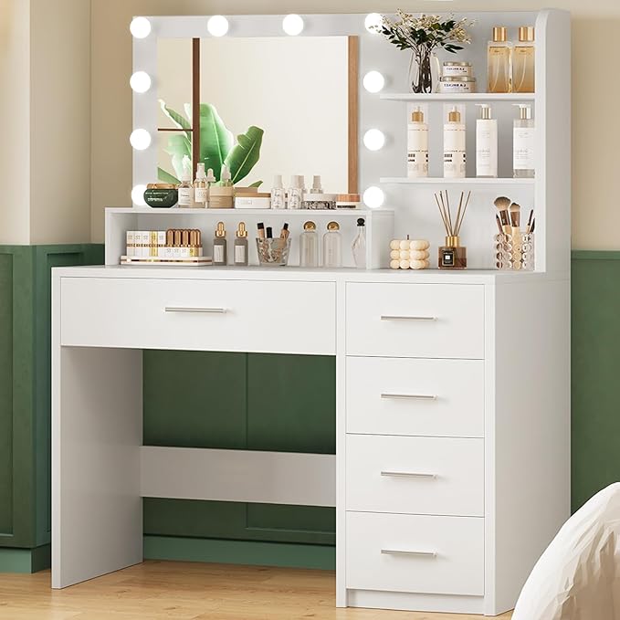Quimoo Vanity Desk with Mirror & Lights, Makeup Vanity with 5 Drawers & Storage Shelves, White Vanity Table, 3 Color Modes & Adjustable Brightness, Dressing Table, Bedroom