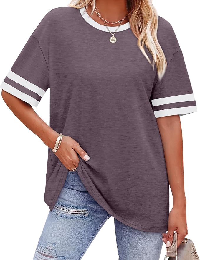 WIHOLL Womens T Shirts Loose Fit Short Sleeve Tees Crew Neck Color Block Summer Tops 2026 Fashion