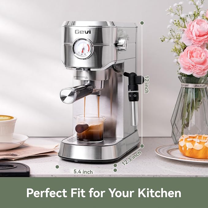 Gevi 20 Bar Espresso Machine with Milk Frother,Compatible with Pods&Ground | Compatible with Nespresso Pods&Ground; Built-in pressure gauge; Removable Water Tank; Make Americanos、Latte; Easy to Clean;