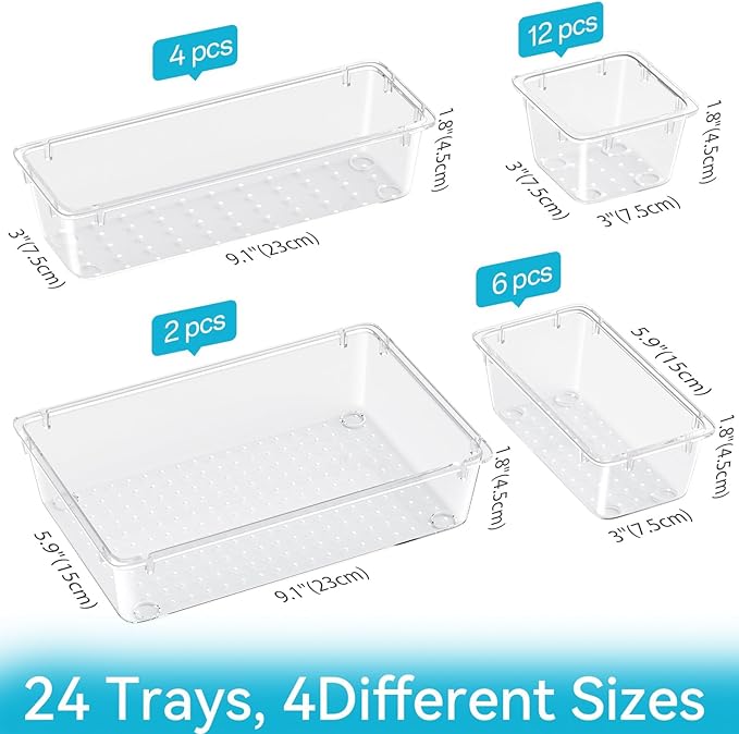 24 PCS Drawer Organizer Set, Makeup Organizers, Tool Storage Trays | 4 Sizes, Plastic, Stackable, Multiple Gadgets, Desk Drawer Divider Organizers, for Makeup, Office Supplies Storage