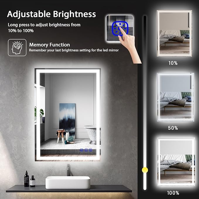36"x24" LED Bathroom Mirror with Lights – Front & Backlit Vanity Mirror, Stepless Dimmable, Adjustable Warm White/Natural/Daylight, Anti-Fog, Shatterproof, Memory Function