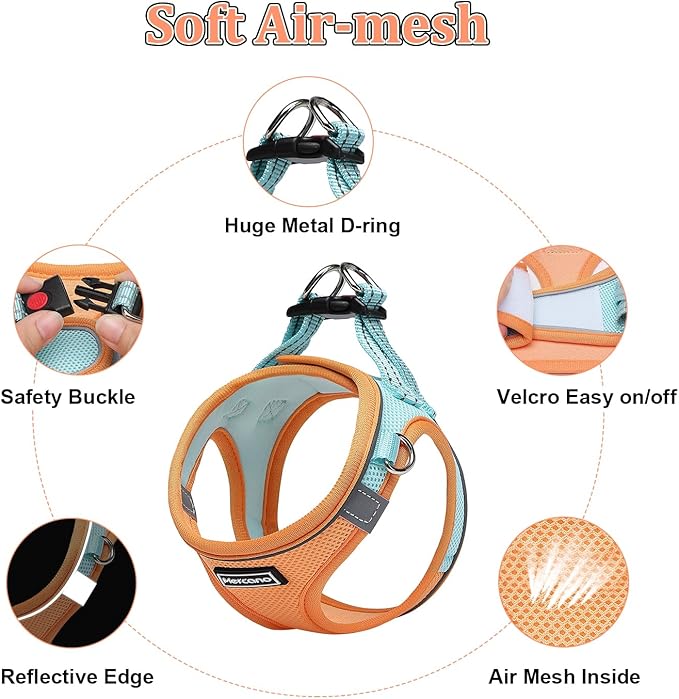 Mercano Soft Mesh Dog Harness and Leash Set, No-Chock Step-in Reflective Breathable Lightweight Easy Walk Vest Harnesses with Safety Buckle for Small Dogs, Cats (XL, Orange Blue)