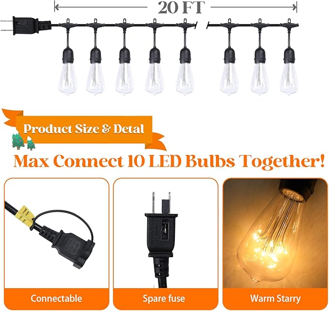 Afirst Outdoor String Lights Weatherproof Connectable LED Edison String Lights, Black Cord with Clear Plastic Bulbs, Starry Theme