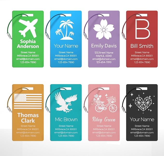 4 Personalized Metal Luggage Tags for Suitcase, Laser Engraved with Text and Logo, Custom Aluminum Name Tags with Stainless Steel Ring, for Travel, Golf Bag, and Baggage (Lake Blue)