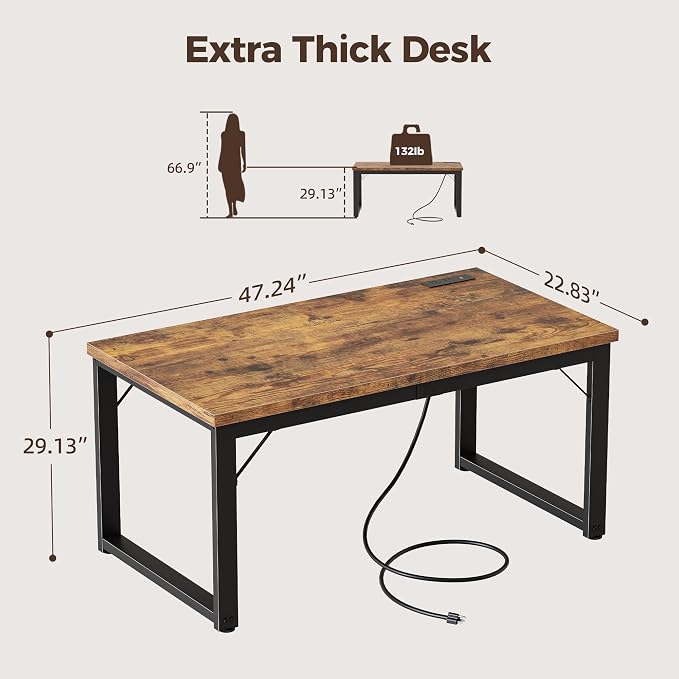 Mericonia 48 Inch Computer Desk with Power Outlets, 1.2" Thick Office Table | Modern Simple Style, Heavy Duty Industrial Frame, Small Study & Writing Table for Home Bedroom Work, Brown