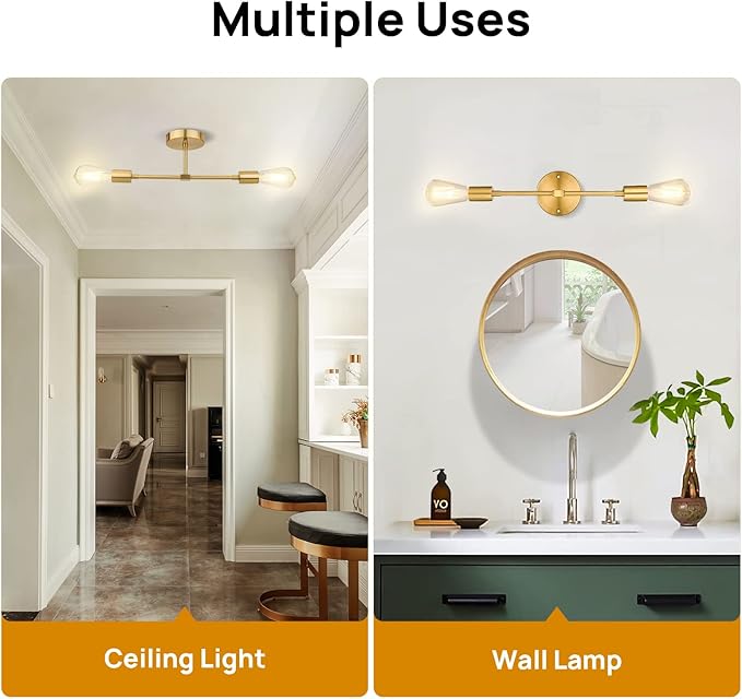 FadimiKoo 2-Light Gold Sconces Wall Light Fixtures, Bathroom Vanity Light Fixtures Over Mirror, Modern Brushed Brass Indoor Semi Flush Mount Lighting for Hallway Bedroom Kitchen (1 Pack)