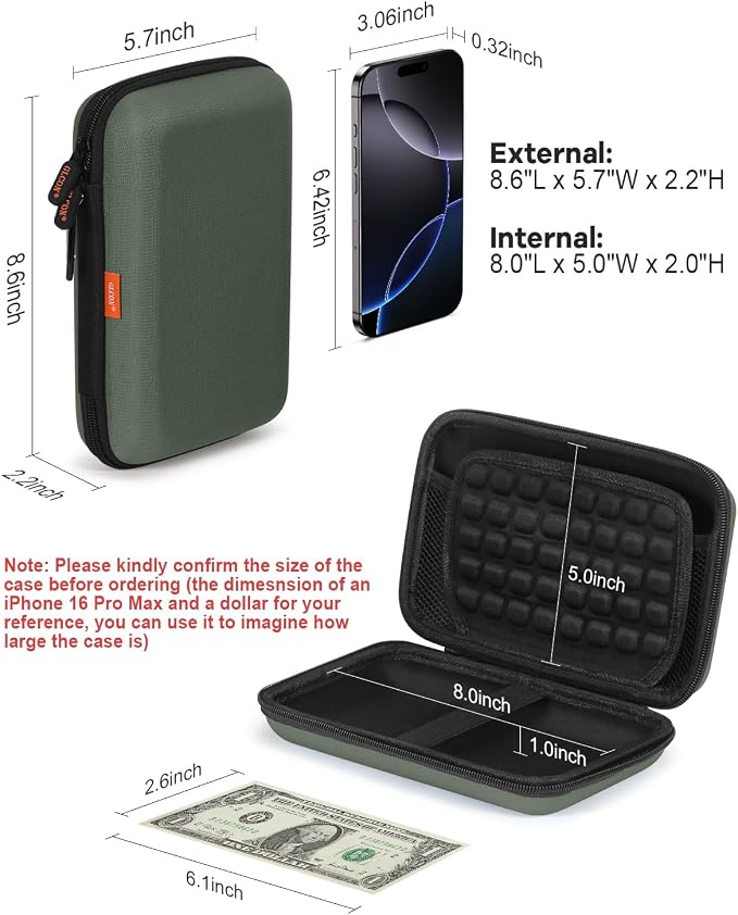 Large Classic Army-Green Case - Hard Shell Electronic Organizer Travel Carrying Case - Shockproof Electronic Accessories Storage Pouch Bag for Game Drive, Hard Disk, Power Bank, Charger