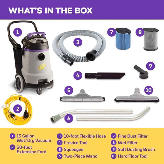 ProTeam Wet Dry Vacuums, ProGuard 15, 15-Gallon Commercial Wet Dry Vacuum Cleaner with Tool Kit