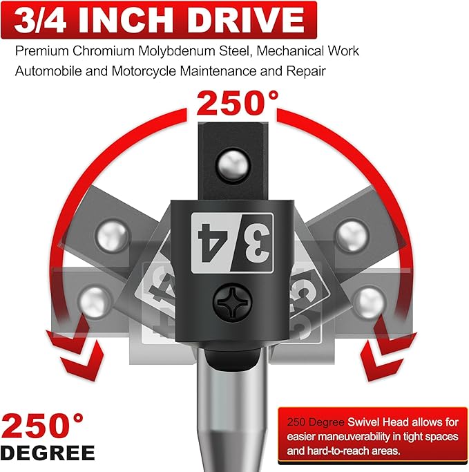 32-Inch 3/4” Drive Breaker Bar, Heavy Duty Extension Breaker Bar, 250° Rotatable Head, Premium Chromium Molybdenum Steel, Mechanical Work, Automobile and Motorcycle Maintenance and Repair