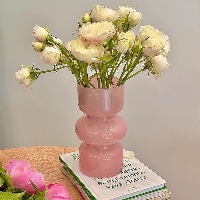 JSPYFITS Glass Hydroponic Flower Vase, 7 Inches Colored Glassbubble Vases for Flowers, Three-Layer Glass Funky Vase for Home/Office/Weddings/Party Table Flower Decor (Pink)