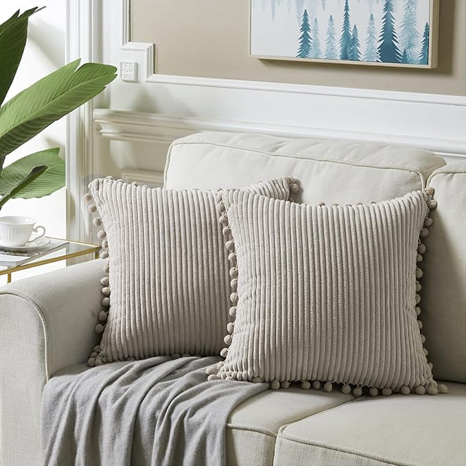 Fancy Homi 22x22 Pillow Covers, Pack of 2 Neutral Taupe Throw Pillow Covers with Pom-poms, Super Soft Corduroy Square Solid Cushion Cover for Couch Sofa Bedroom Living Room 55x55 cm