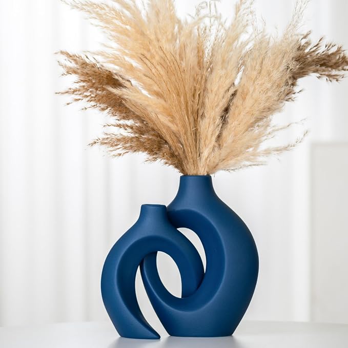 Lvases Snuggle Hollow Ceramic Flower Vase, Minimalist Decorative Vases of 2 | 8.4" Nordic Boho Home Decor Vase for Modern Aesthetic Ins Style Living Room Coffee Table Centerpieces Pampas Grass Decoration