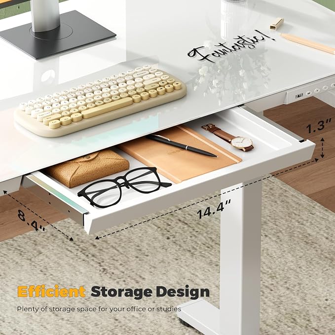 35" Electric Standing Desk with Drawer, One-Piece Glass Top | Quick Install One-Piece Tabletop with USB Charging Ports, Sit Stand Computer Desk with Wheels for Small Space, White