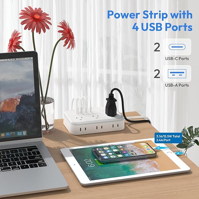 Flat Plug Extension Cord 25 ft, Power Strip, Outlet Extender with 6 Outlets 4 USB Ports, Overload Protection, Long Extension Cord with Multiple Outlets for Indoor, Home, Office, White