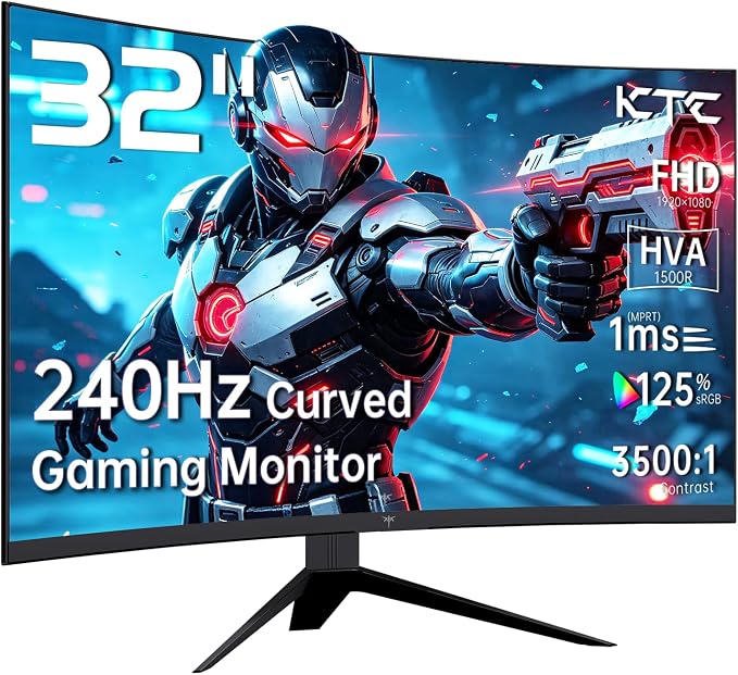 KTC 32 inch 240Hz Curved Gaming Monitor, 1080P Curved Monitor 1ms, H32S17F | 1500R, Adaptive Sync, HDR10, 125%sRGB, HDMI 2.0 x2 & DP1.4 x1, VESA, Tilt Adjustable, for Xbox PS5 Switch, Black