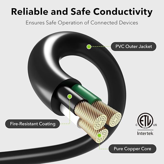 BN-LINK 8 ft Indoor/Outdoor Extension Cord 16/3 SJTW, Black, Water & Weather Resistant, 3-Prong Grounded Plug for Landscaping & Holiday Decorations, Home & Office, 13A ETL