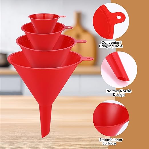 4 PCS Plastic Kitchen Funnel Set with Clean Brush, Food Grade Funnel for Kitchen Use Filling Bottles, Liquid, Protein Powder, Multifunctional Funnels for Cooking, Lab and Automotive Use