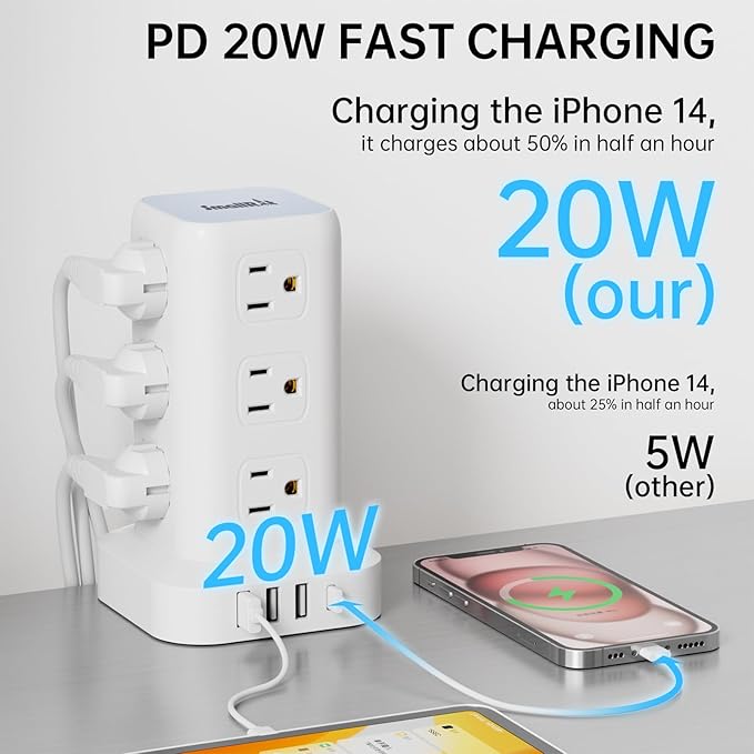 PD20W Power Strip Tower Surge Protector Power Strip with USB 12 Outlets with 4 USB Ports (1 USB C), Flat Plug 10FT Extension Cord Multi Plug Outlet Extender Overload Protection for Home Office