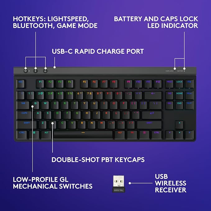Logitech G515 Lightspeed TKL Wireless Gaming Keyboard (Tactile) - Black | LIGHTSPEED, low profile gaming, LIGHTSYNC RGB, thin tenkeyless design, PBT keycaps, mechanical switches