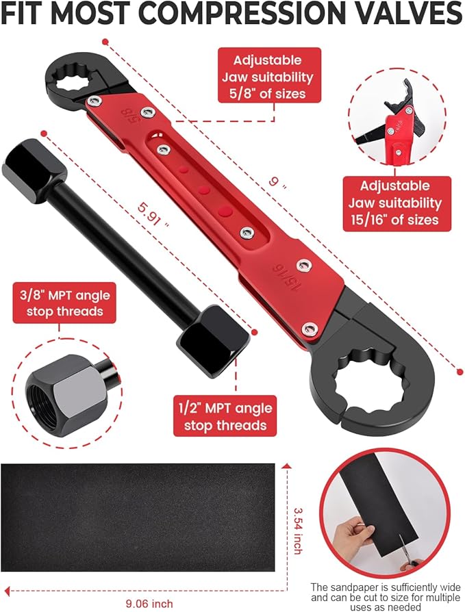 5 Pcs Plumbing Tools Kit with Angle Stop Wrench, Adjustable Wrench Professional Plumbers Wrench for Installing New Compression Angle Stop and Removing Compression Ring with Storage Bag