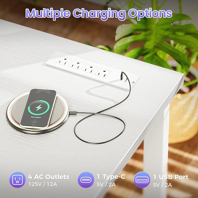 PRAISUN 63 X 24 Inch Computer Desk, Power Outlets, USB-C, White | Office Desk with 4 AC Outlets, USB & USB-C, Sturdy Metal Frame, Spacious Desktop for Work, Writing, Study & Gaming