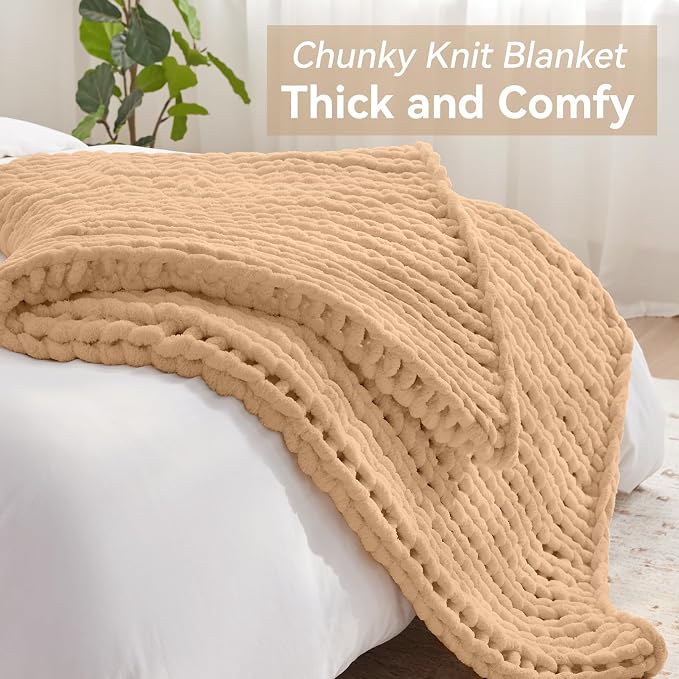 Negwoo Chunky Knit Throw Blanket, Knitted Throw Chenille Yarn, 40"*50" | Soft Thick Cable Knitted Blankets, Handmade Big Thick Blanket, Machine Washable Cute Comfy Blanket for Home Decor, Beige